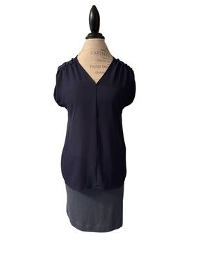 Sioni Navy V-Neck Gathered Shoulder Blouse